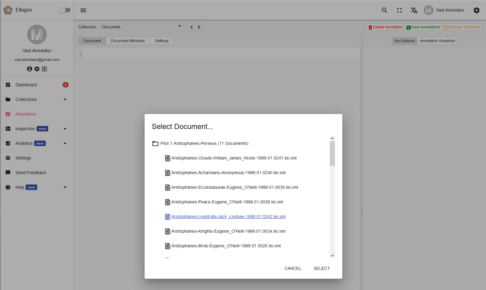 Figure 7: You can start the Annotation by first selecting a Collection, and then one of its Documents.