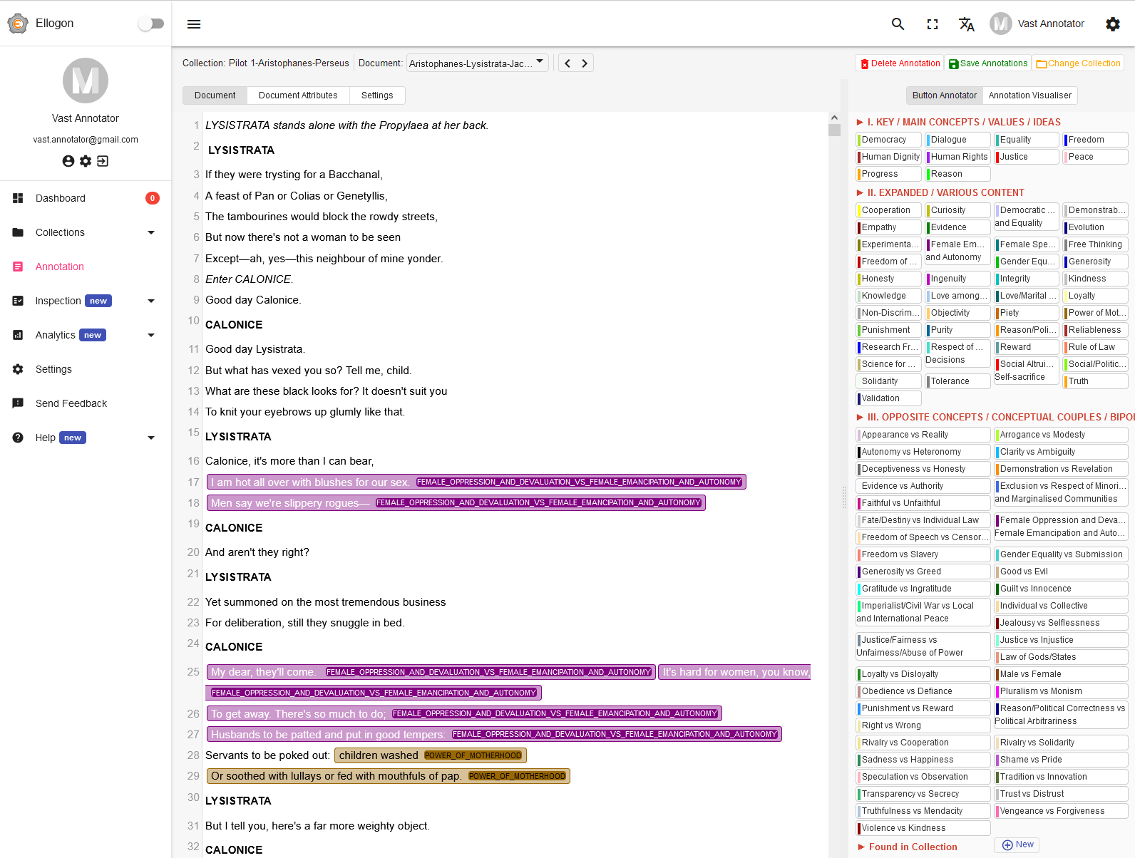 Figure 9: The Annotation interface for the selected annotation schema. The Document to be annotated is shown at the left side, while the annotation schema is shown on the right side.