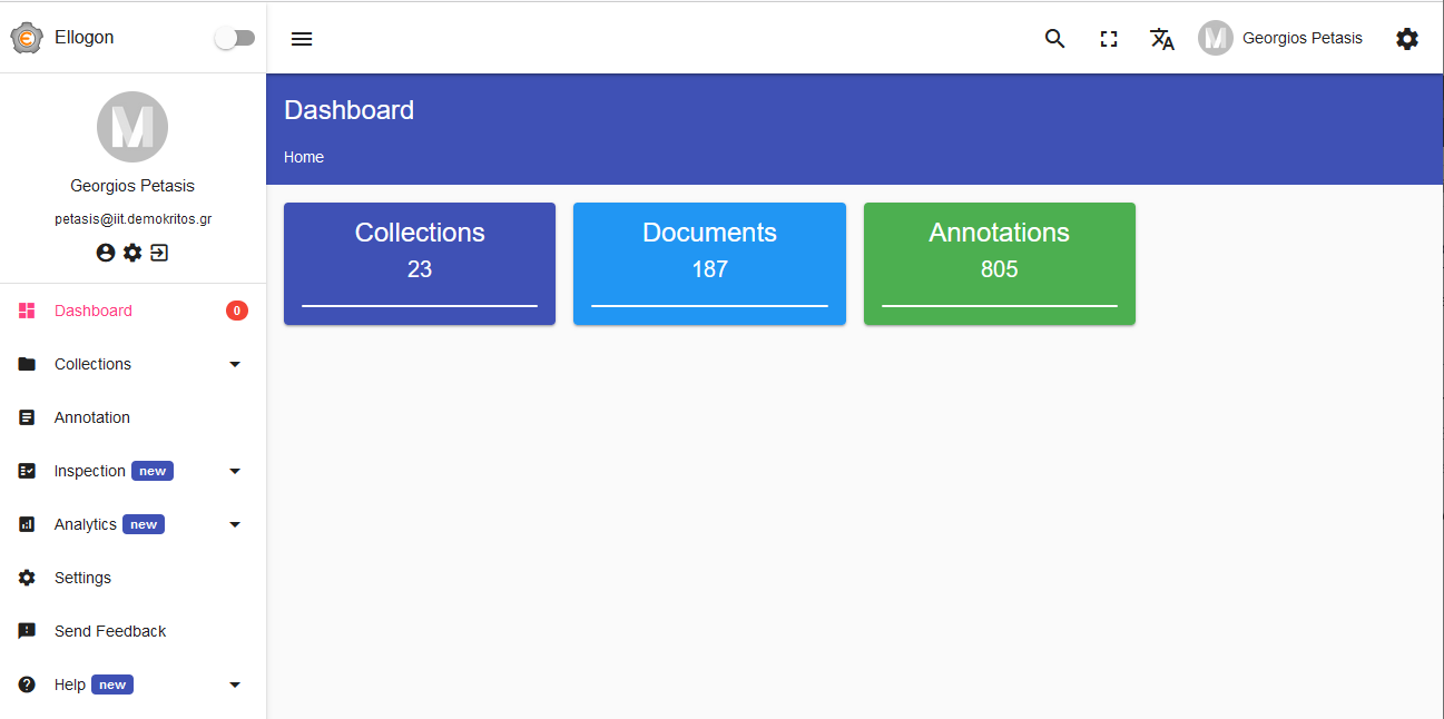 Figure 3: The user `Dashboard` page, providing some details about the user assets, along with the navigation menu on the left.