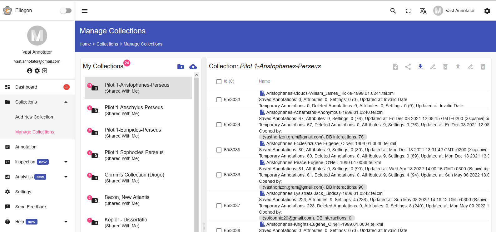 Figure 6: The new collection as browsed through the `Manage Collections` option of the menu at the left-hand side.